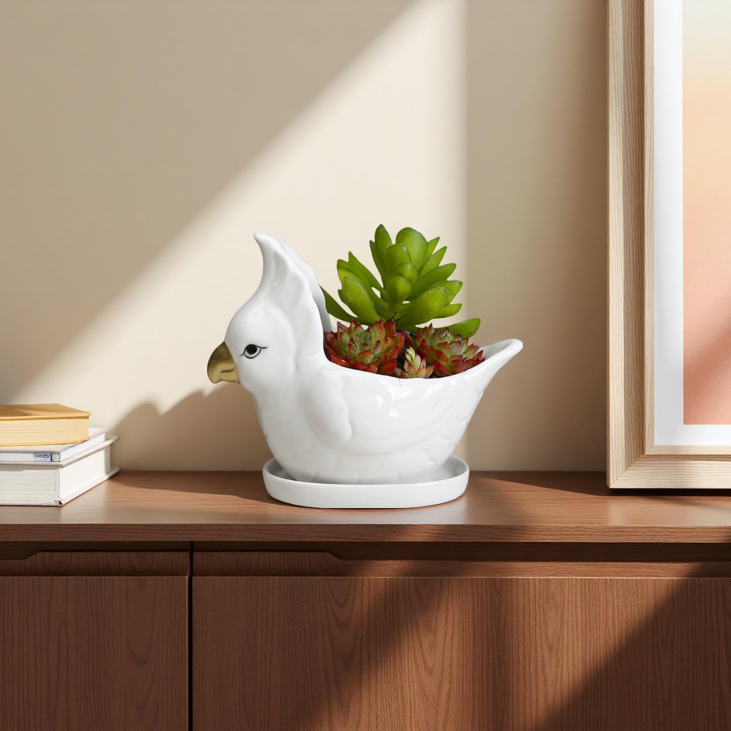 YANGMEI Ceramic Bird Planter Pot with Saucer, Drainage Hole Design, Cute Animal Succulent Pot for Indoor/Outdoor, Great Gift for Plant Lovers, Home Garden & Office Décor（White）