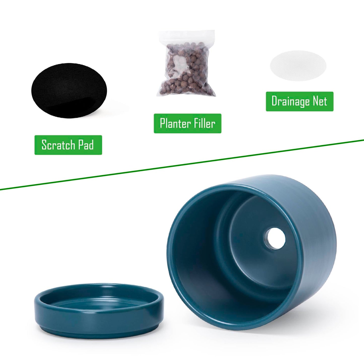 D'vine Dev Set of 4 Small Ceramic Plant Pots, 4.7 Inch Succulent Planter Pot for Plants with Drainage Hole and Saucer, Teal, 94-X-B-9