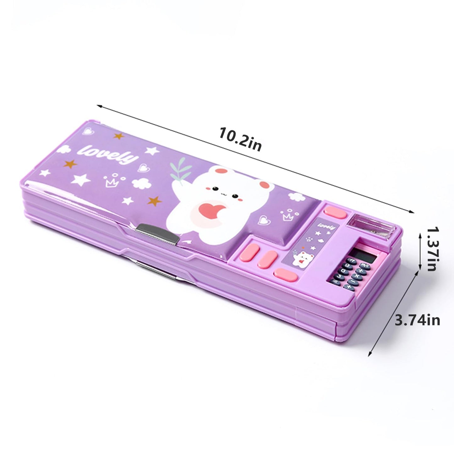 LilyBeauty Multifunction Pencil Case with Calculator, Pencil Sharpener and Curriculum, Multiple Cute Patterns, Suitable for Elementary School Girls, Boys, Great Gifts for Kids (Purple)