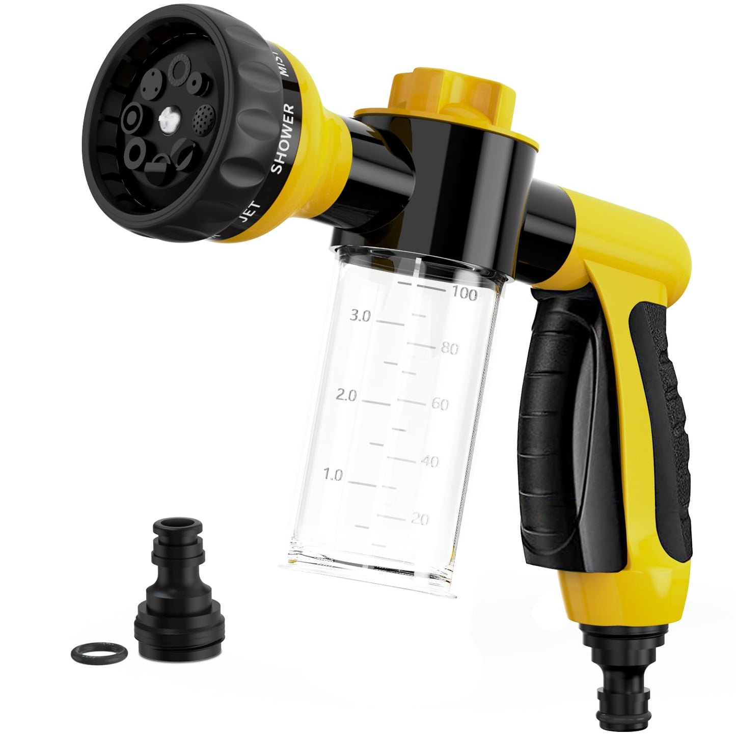 Garden Hose Nozzle, High Pressure Spray Gun Nozzle, 8 Spray Patterns for Watering Plants, Lawn, Patio, Cleaning, Showering Pet with 3.5oz/100cc Soap Dispenser Bottle (Orange)