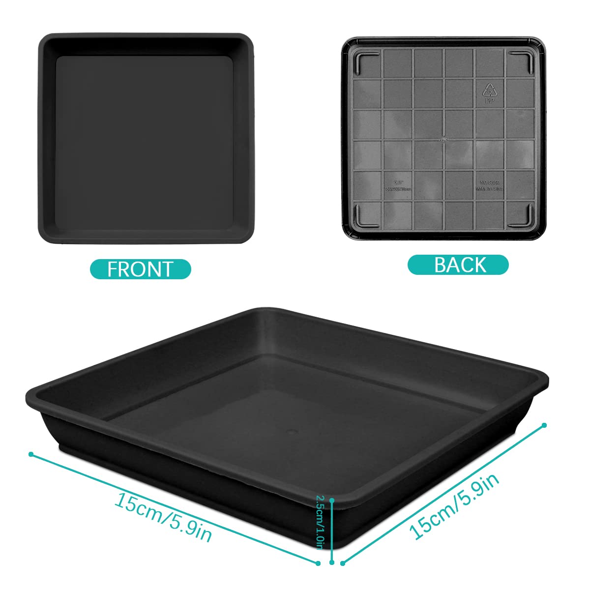 LNQ LUNIQI 10 Pcs 6 Inch Square Plastic Plant Saucer Flower Pot Bottom Seat Flower Pot Tray Thick Plastic Drip Tray for Garden Potted Water Drips and Soil （Black）