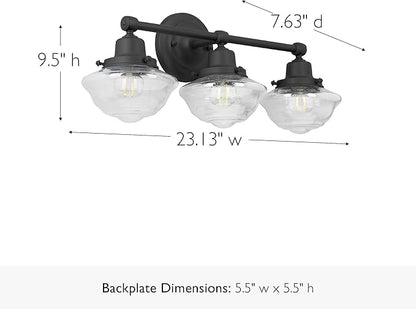 Design House Vintage-Inspired Schoolhouse 3-Light Dimmable Vanity Light, 23.125 in x 7.625 in x 9.5 in, Matte Black, Clear Seeded Glass Shades, 589143-BLK