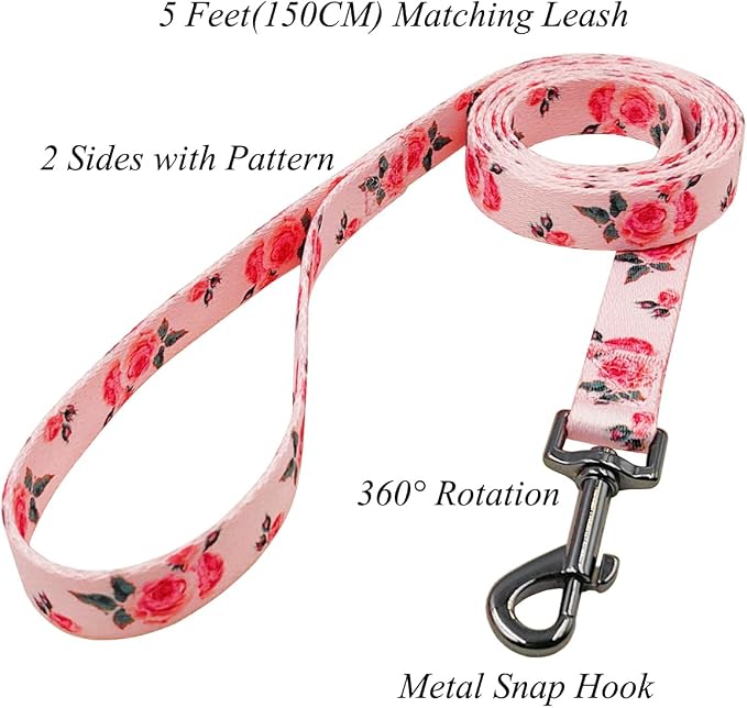 Dog Collar and Leash Set, Cute Rose Pattern, Polyester Material, 5ft Leash, for Medium Dogs.(Medium,Pink Rose)
