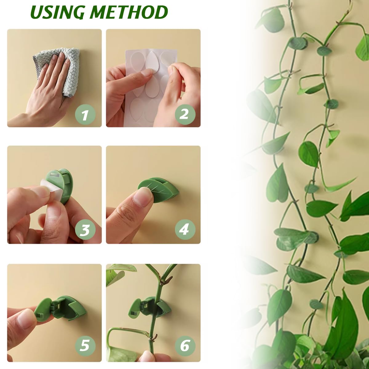 GXXMEI 200PCS Plant Climbing Wall Fixture Clips Self-Adhesive Hook Vines Traction Clips Invisible Holder Garden Green Leaf Simulation Self-Adhesive Hook Wire Fixing Supporting
