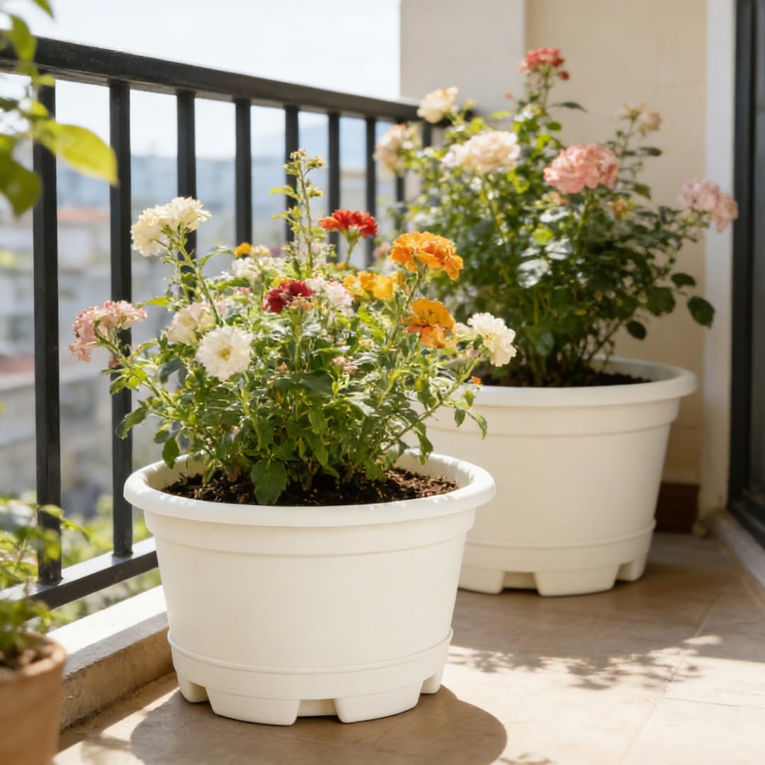 KPUVX 5 Pack 8.5 inch Plant Pot,Outdoor Flower Pots,Plastic pots for Plants Indoor with Drainage Holes and Trays, Decorative Garden Containers Sets for Houseplants