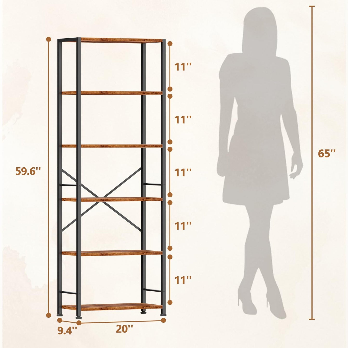 Furologee 6 Tier Book Shelf, Tall Wide Bookshelf, Industrial Open Bookcase, Display Shelves Storage Organizer, Shelving Unit for Living Room, Home Office, Bedroom, Rustic Brown