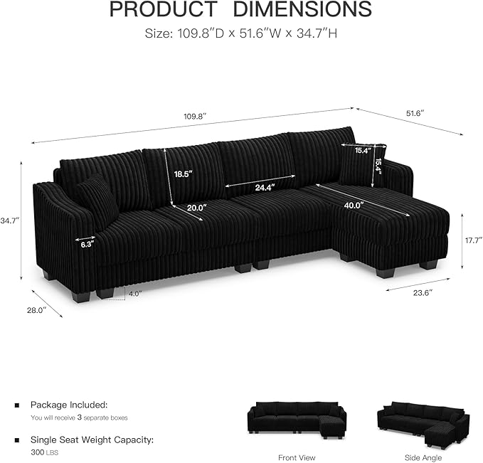 Belffin Sectional Couch with L-Shape Chaise L Shaped Couch with Ottoman