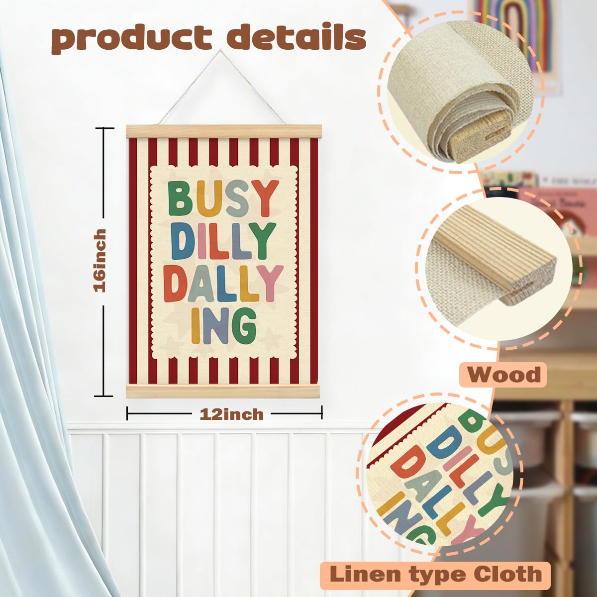 STHTTSW Playroom Wall Decor, Positive Quote Busy Dilly Dallying Art, Boho Classroom Decor, Apartment Nursery Wall Art for Toddler Boys Girls, Kids Room Baby Room Essentials, 12x16 Inches