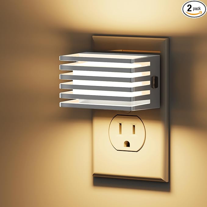 L LOHAS LED Night Lights Plug into Wall, 2 Pack Modern Night Light with Dusk to Dawn Sensor, Dimmable Plug in Night Light, Adjustable Brightness, 3000K Soft White for Bedroom Bathroom Hallway(Silver)