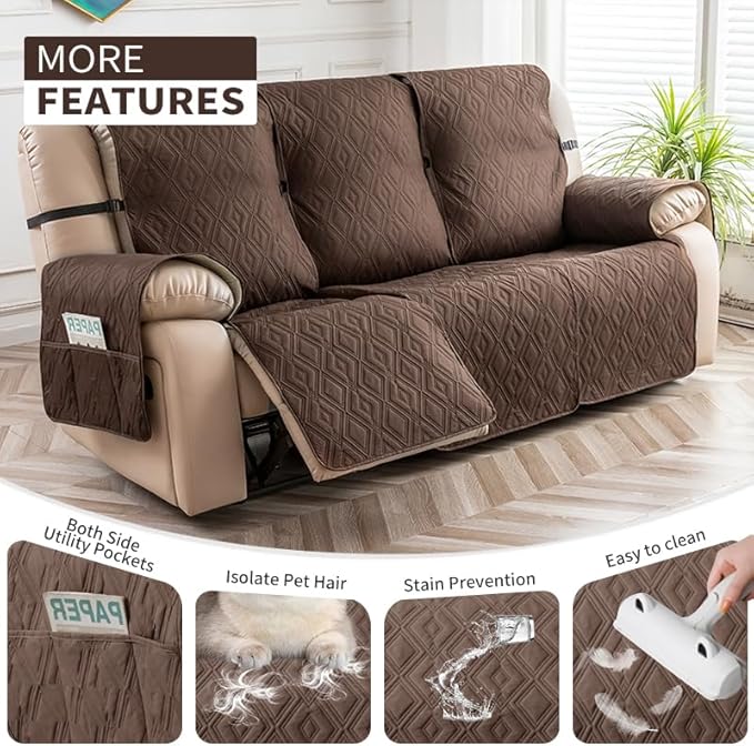 Genina Waterproof Reclining Couch Cover 3 Seat, Recliner Sofa Covers Non-Slip