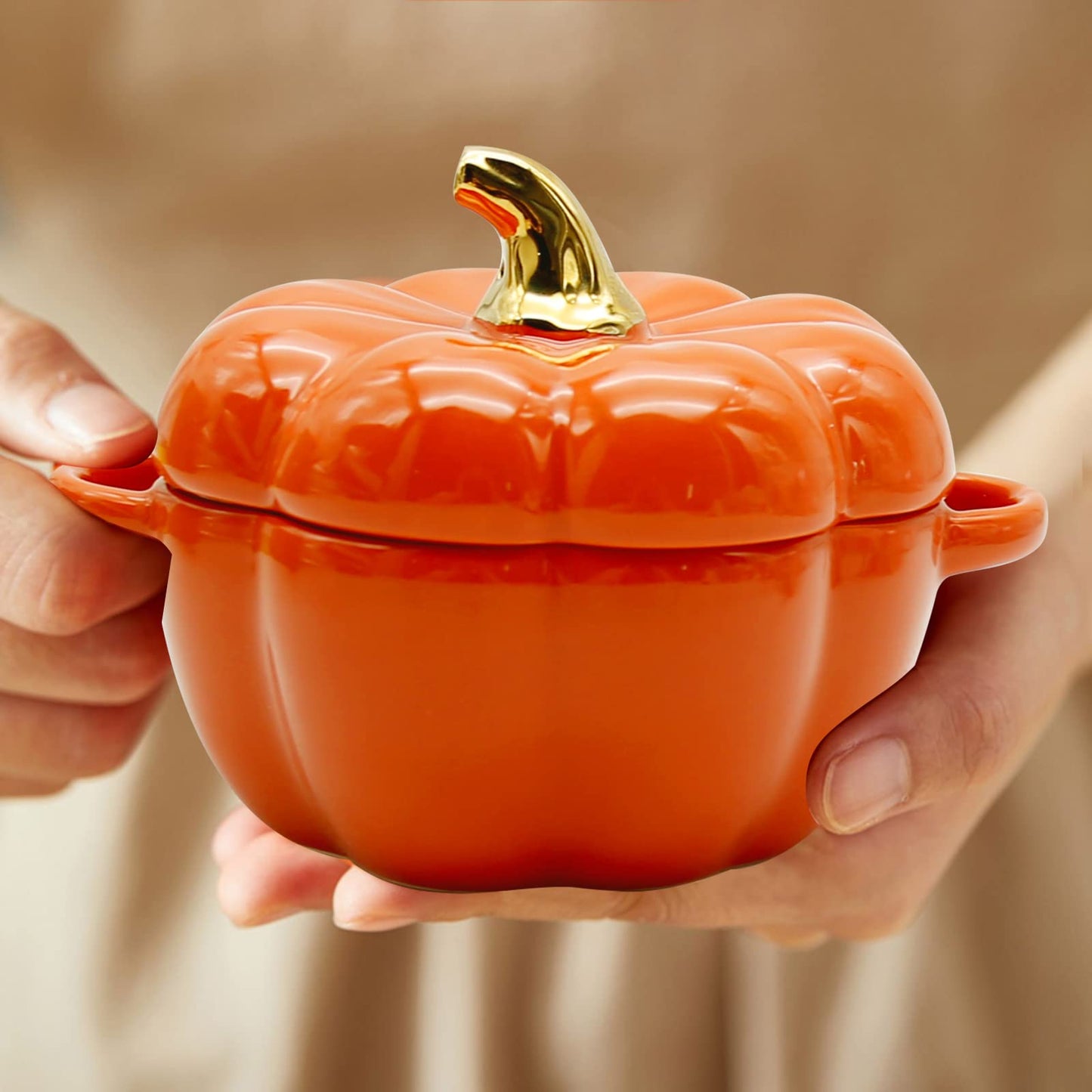 LIDSCURA 15 Oz Orange Ceramic Pumpkin Soup Bowl with Lid, for Halloween & Thanksgiving Soup Serving, Oven Safe Ceramic Stew Pot Pumpkin Shape Storage Jar, Double Ear Pumpkin Dessert Bowl for Tableware