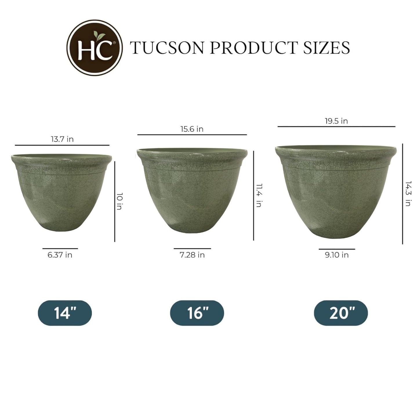 The HC Companies 20 Inch Tucson Round Planter Pots with Ceramic Look, Lightweight UV-Resistant Resin Indoor & Outdoor Planters, 1-Pack Flower Pots for Garden & Home Decor, Green Crackle