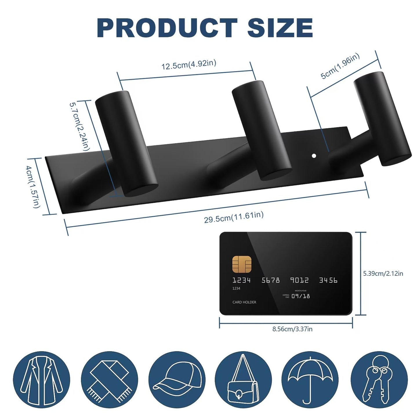 VAEHOLD Black Hat and Coat Wall Mount Rack - 3 Hooks for Robes, Bags, Keys, and Towels - Bathroom Towel Hanger Organizer (1 Pack)