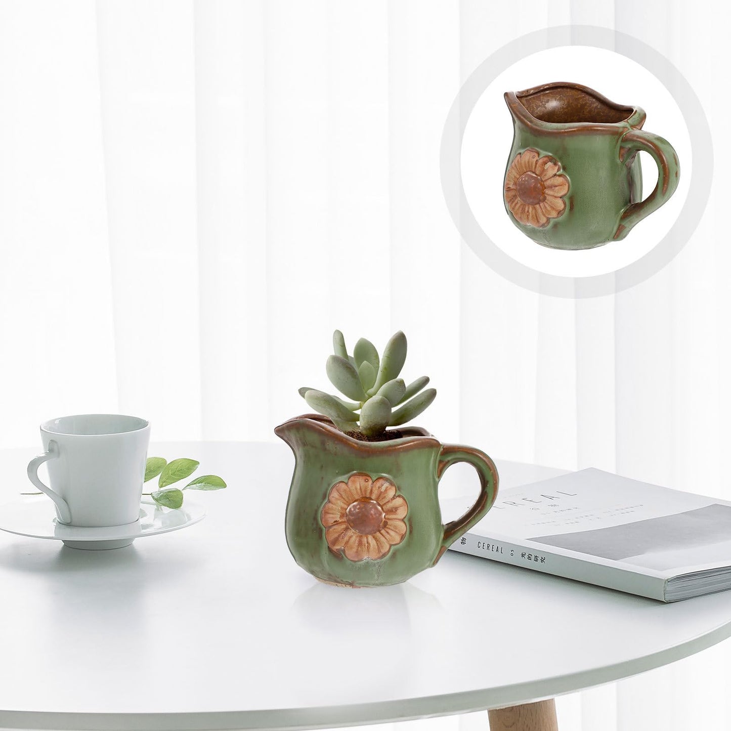 Mipcase Retro Ceramic Plant Pot with Daisy Pattern and Handle Small Indoor Succulent Planter 5.31X3.34X3.93 Inches Gardening Pot for Home and Office Decor