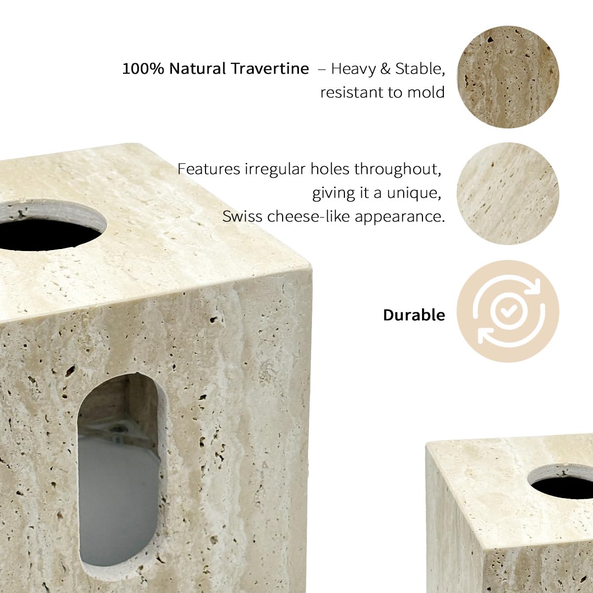 Natural Travertine Marble Tissue Box Cover – for Loose Facial Tissues and Toilet Paper roll, Square Cube Tissue Box Holder with Dual Access, Rustic Farmhouse Décor for Bathroom & Living Room