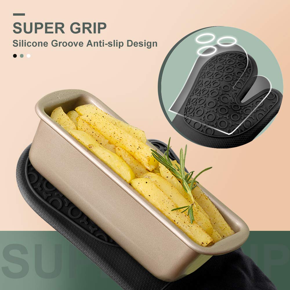 sungwoo Extra Long Silicone Oven Mitts, Heat Resistant Oven Gloves with Quilted Liner Non-Slip Textured Grip Perfect for BBQ, Baking, Cooking and Grilling - 1 Pair 14.6 Inch Black