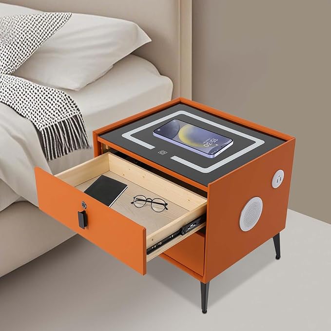 Smart Nightstand w/Fingerprint Lock Drawers, Smart Bedside Table w/USB Charging