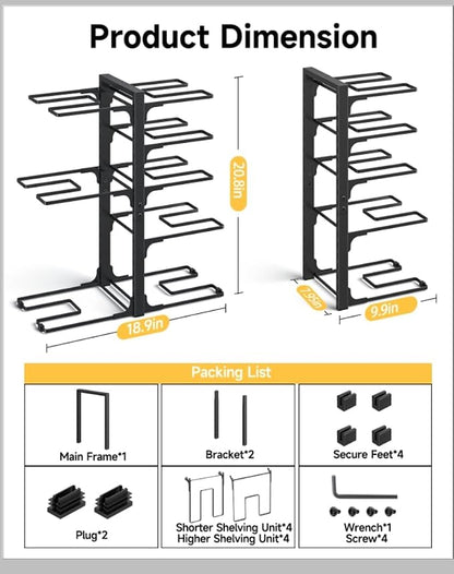 MUDEELA Pots and Pans Organizer Rack under Cabinet 20.8" Height, 8-Tier Adjustable Heavy Duty 120LBS Pot and Pan Organizer Rack inside Cabinet for Kitchen Organizer Cast-iron Pans, Heavy Cookware