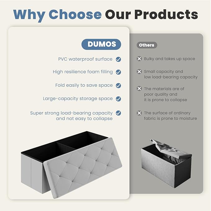 DUMOS 43 Inch Folding Storage Ottoman Bench, Large Storage Chest withThicker