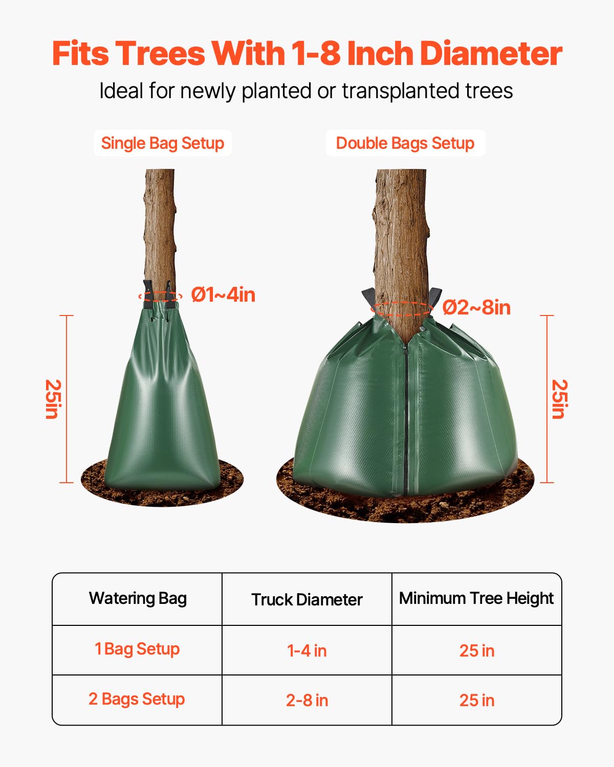 VEVOR 8 Pack 20 Gallons Tree Watering Bag, Slow Release Tree Watering Bag, Reusable Refillable Tree Drip Irrigation Bags with Zipper, Durable Tree Watering System for Deep Root Targeting