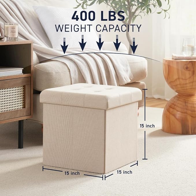 Ornavo Home 2 Pack 15 Inch Folding Storage Ottoman, Square Cube Linen Small