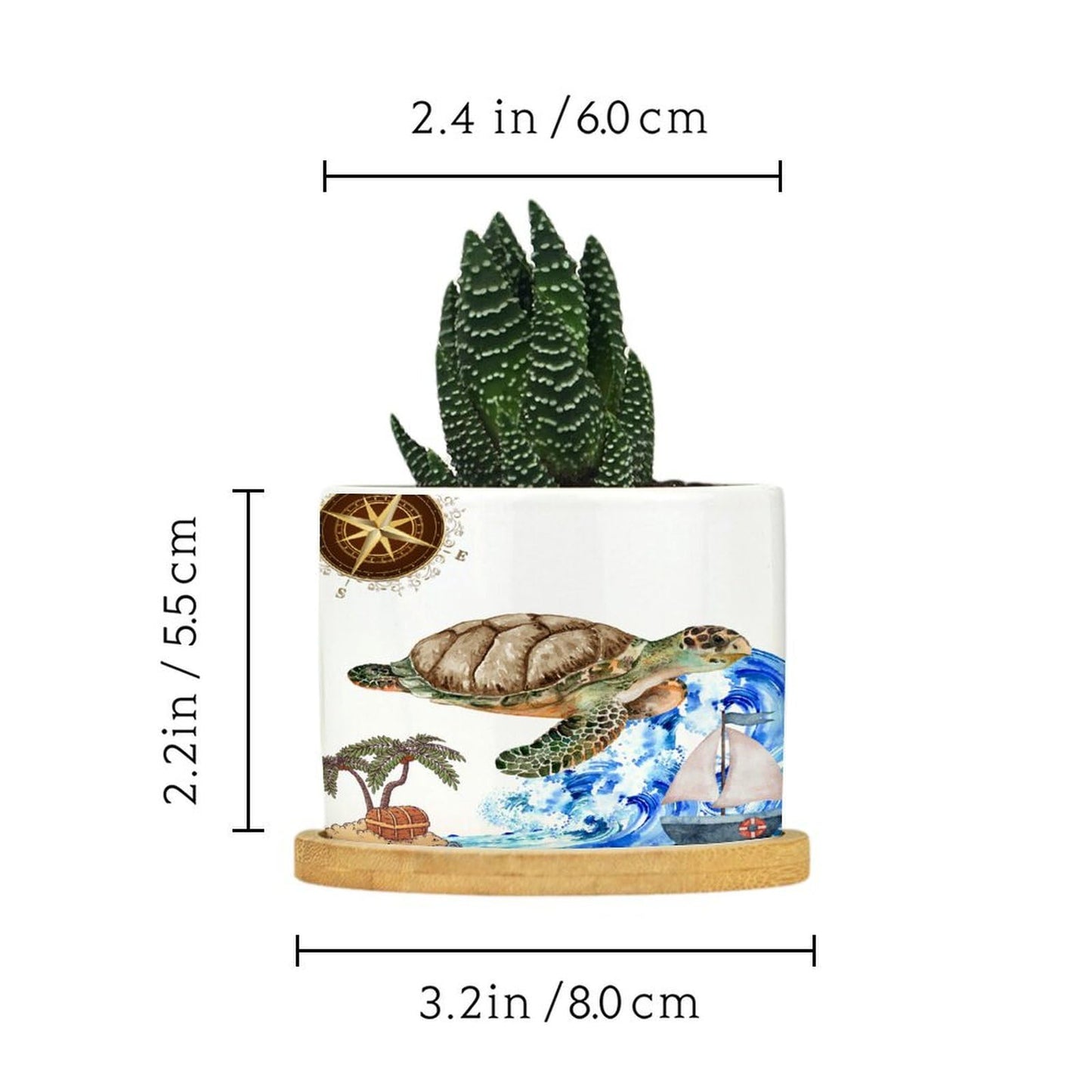 DreamAutumn Ocean Theme Sea Turtle Planter Ceramic Round Plant Pots with Drainage Holes and Bamboo Tray Planting Small Flower Pots for Home Windowsill Desk Garden Indoor Outdoor Use