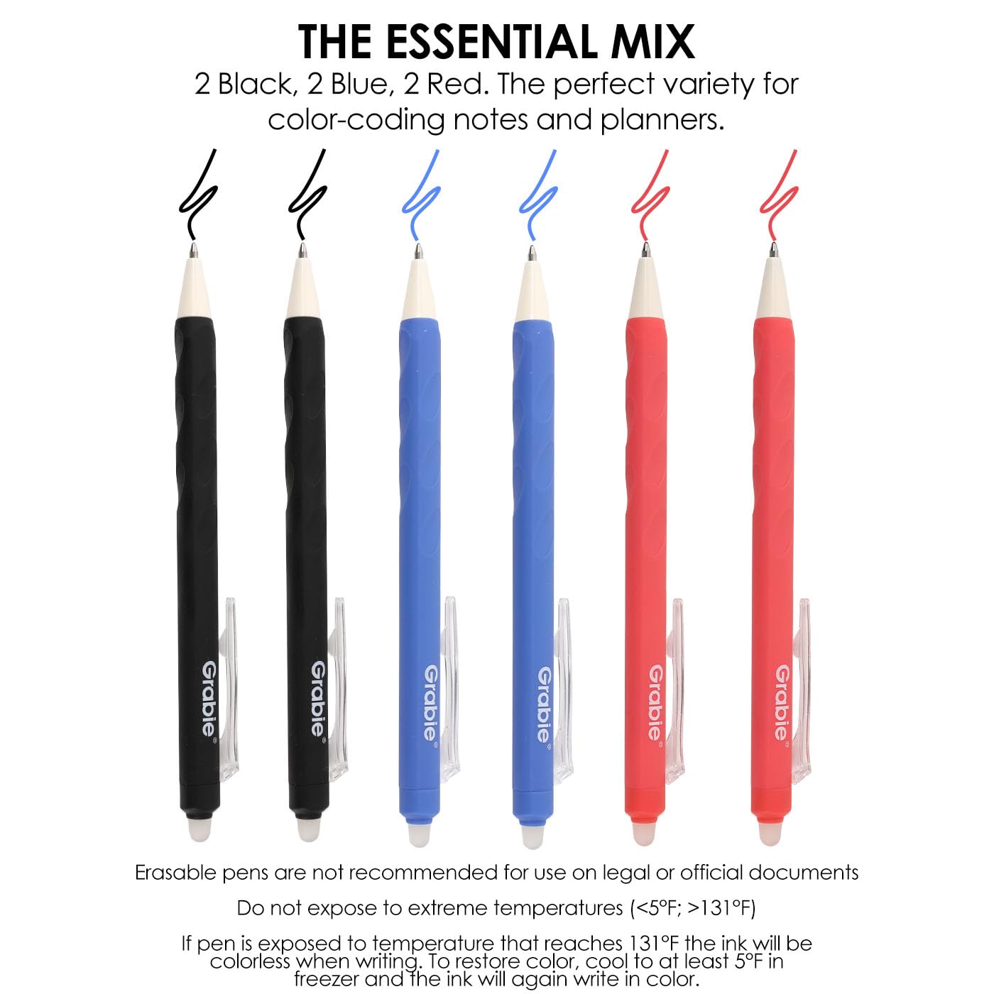 Grabie Erasable Gel Pens, Medium Point 0.7 mm Erasable Pens, Make Mistakes Disappear for Drawing Writing Planner, Pack of 6, Black/Blue/Red
