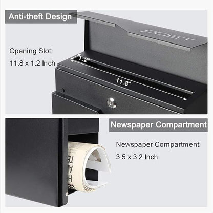 Jssmst Locking Mailbox Wall Mount- Waterproof mailboxes with Secure Key Lock and Newspaper Compartment, Key Lock Drop Box Extra Large Capacity, 12.9 x 4.1 x 14.2 Inch, SM-HPB938 Black New