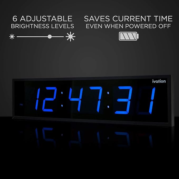 Ivation Huge Oversized 48" Large Digital LED Clock | Big Digital Clock w/Multi-Function Display – Stopwatch, Timer, Alarms, Temp & Date | 6 Brightness Levels, Time Memory & Remote (Blue)