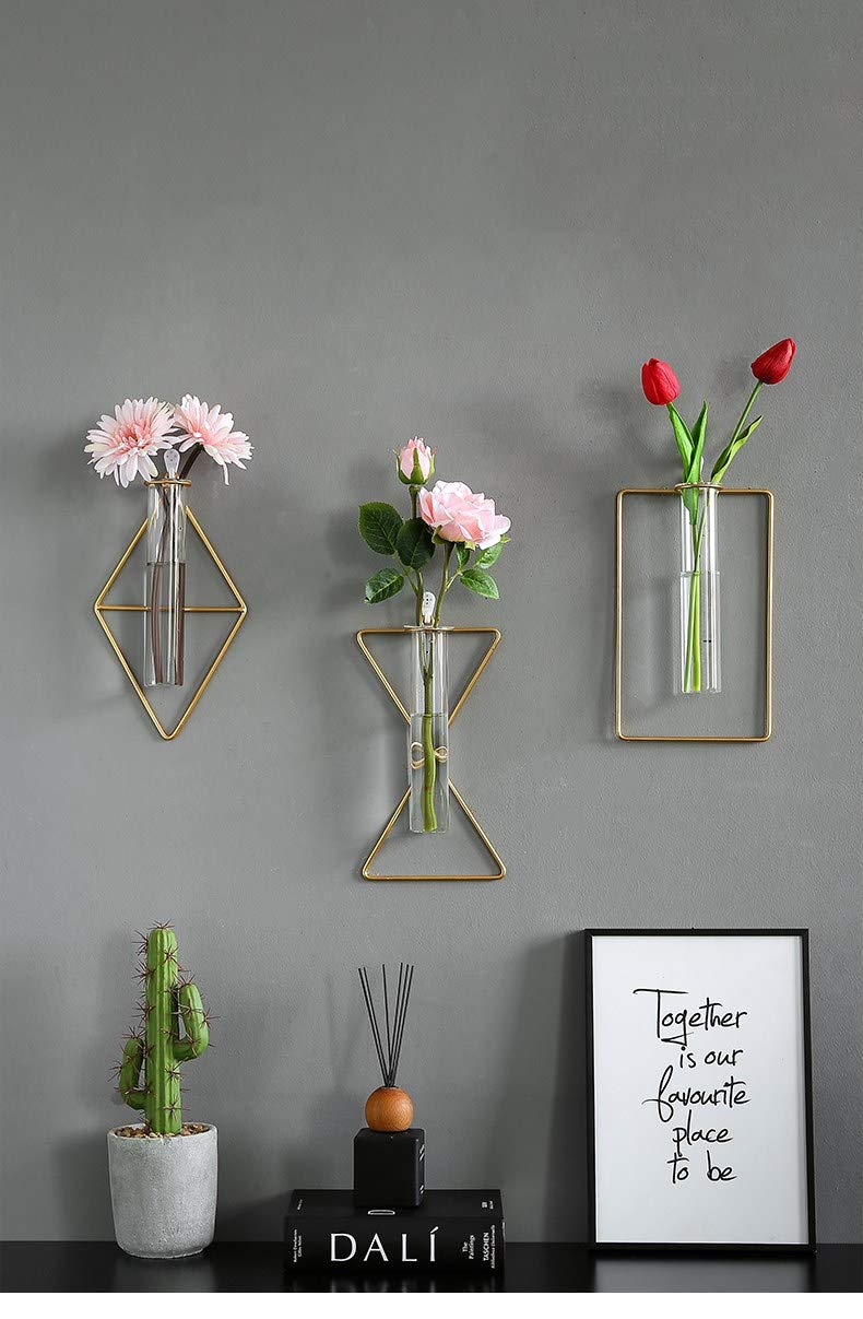 3 Pack Nordic Wall Vase,Gold Geometric Vase Hanging Hydroponic Planter,Wall-Mounted Metal Glass Tube Bud Vase Decorative for Centerpieces Wedding Home Decor(Gold 6)