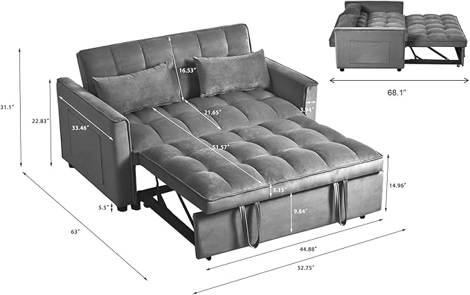 Ball & Cast 53" Sleeper Sofa, 3-in-1 Convertible Pull Out Couch, Velvet Loveseat