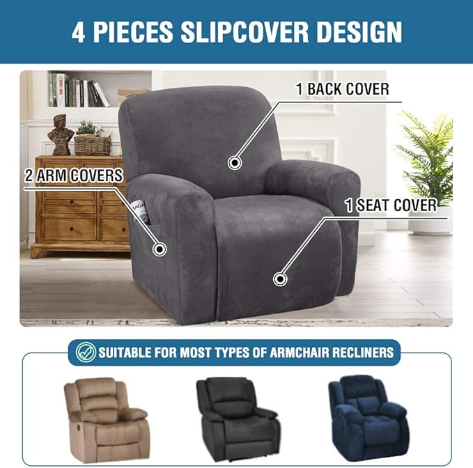 H.VERSAILTEX Velvet Stretch Recliner Couch Covers 4-Pieces Style Recliner Chair
