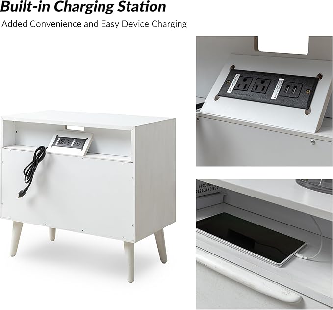 HULALA HOME End Table with Charging Station, Mid-Century Modern 2 Drawer and