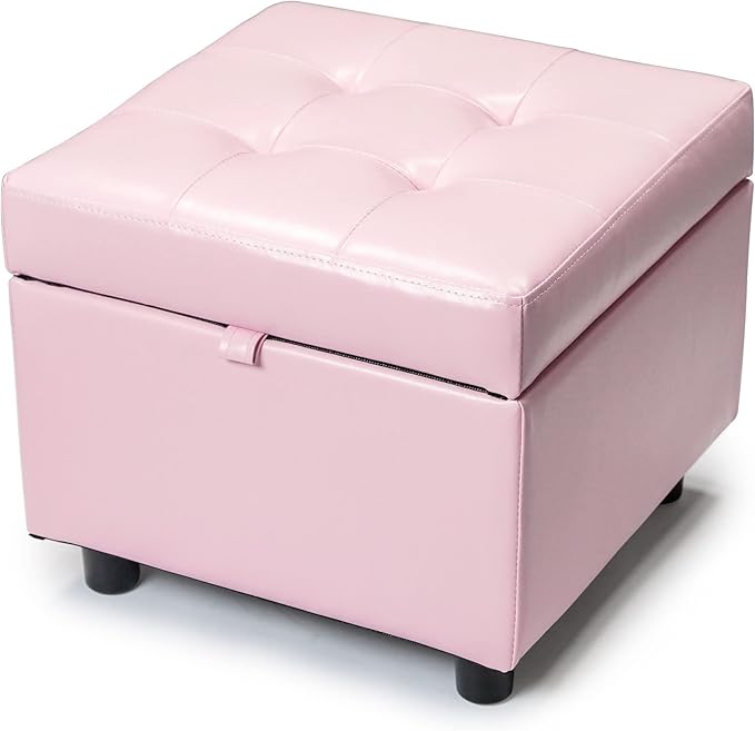 H&B Luxuries Tufted Leather Square Flip Top Storage Ottoman Cube Foot Rest
