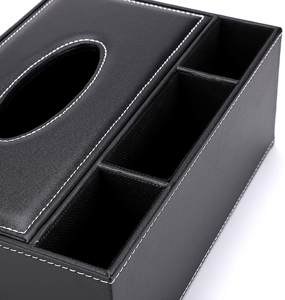 PU Leather Tissue Box Cover - Multifunctional Tissue Box Holder with Stationery Remote Control Box - Elegant and Stylish Home Napkin Holder Desktop Tissue Paper Holder Desk Storage Organizer (Black)