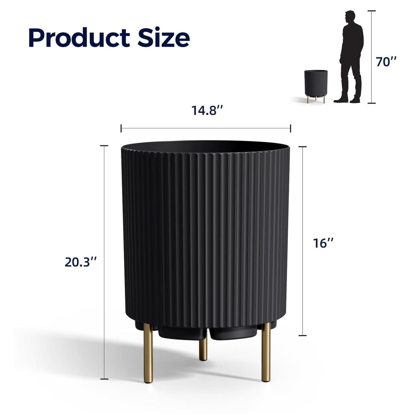 NAYSAYE Round Planter with Stand, 14.76 Inch Plastic Flower Pot Modern Plant Pots with 3 Holder, Garden Planter for Living Room Office Garden Balcony Black