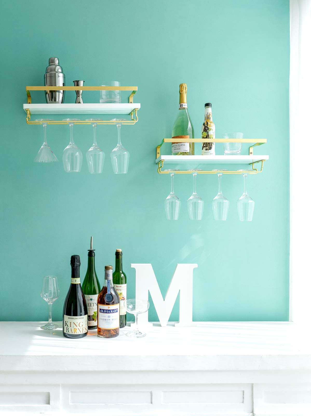 Mkono Wall Mounted Wine Rack Set of 2 White Wood Wine Bottle Glass Holder Floating Shelves with Stemware Hanger Modern Plants Photos Wine Display Storage Holder for Kitchen Dining Room Bar, 17 Inch
