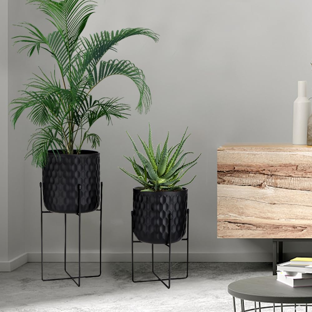 TRIROCKS Set of 2 Planters with Stand Indoor Outdoor Metal Plant Stand 8 * 18 &7 * 12 "Modern Planters Flower Pots for Living Room Corner Kitchen Office Garden Balcony Patio Decor(Black)
