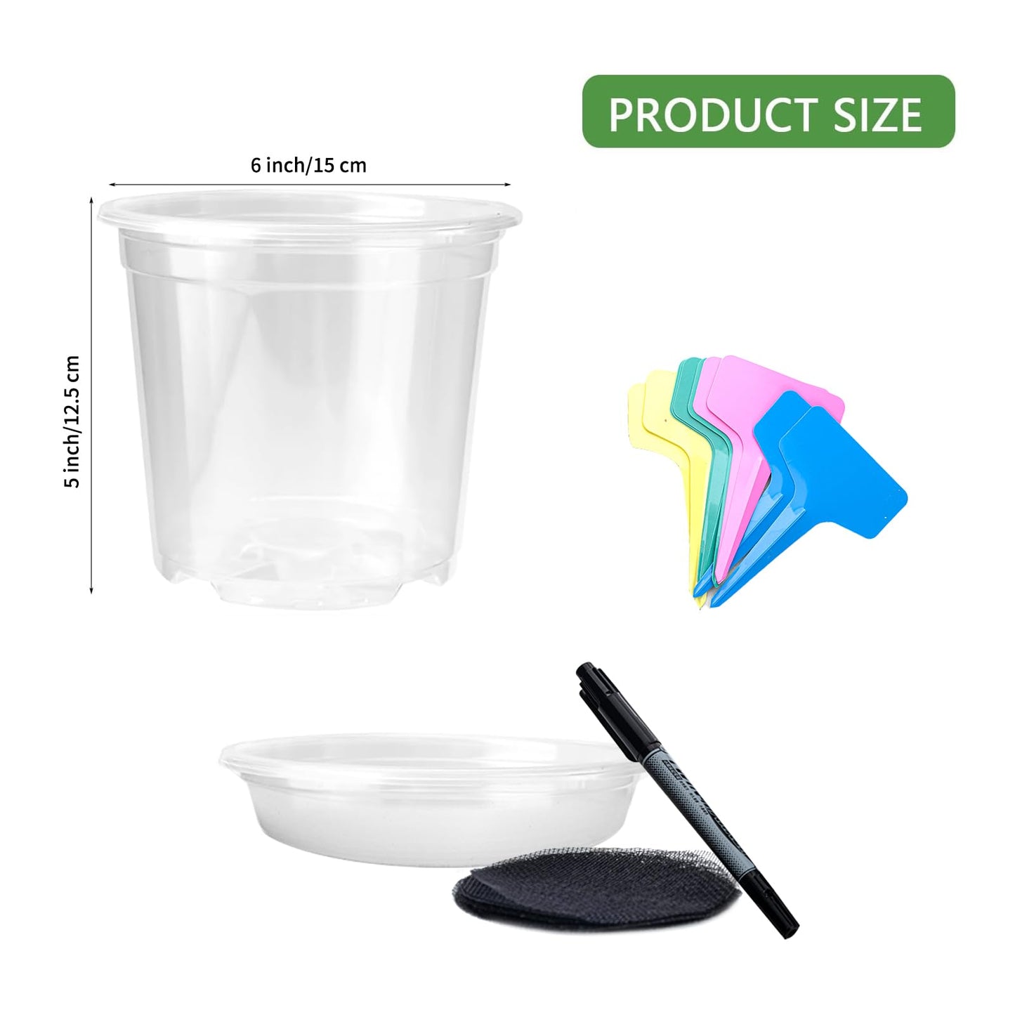 GLNHUR Transparent Plant Pot with Drainage Holes, Flower/Seed Starter Pots,Clear Plastic Nursery Pots for Plants with Plant Labels+Saucers+Mesh Pads+Marker (6 inch * 15)