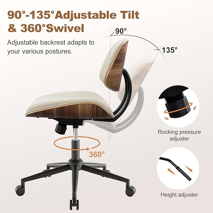 Armless Office Chair with Wheels, PU Leather Adjustable Height Desk Chair
