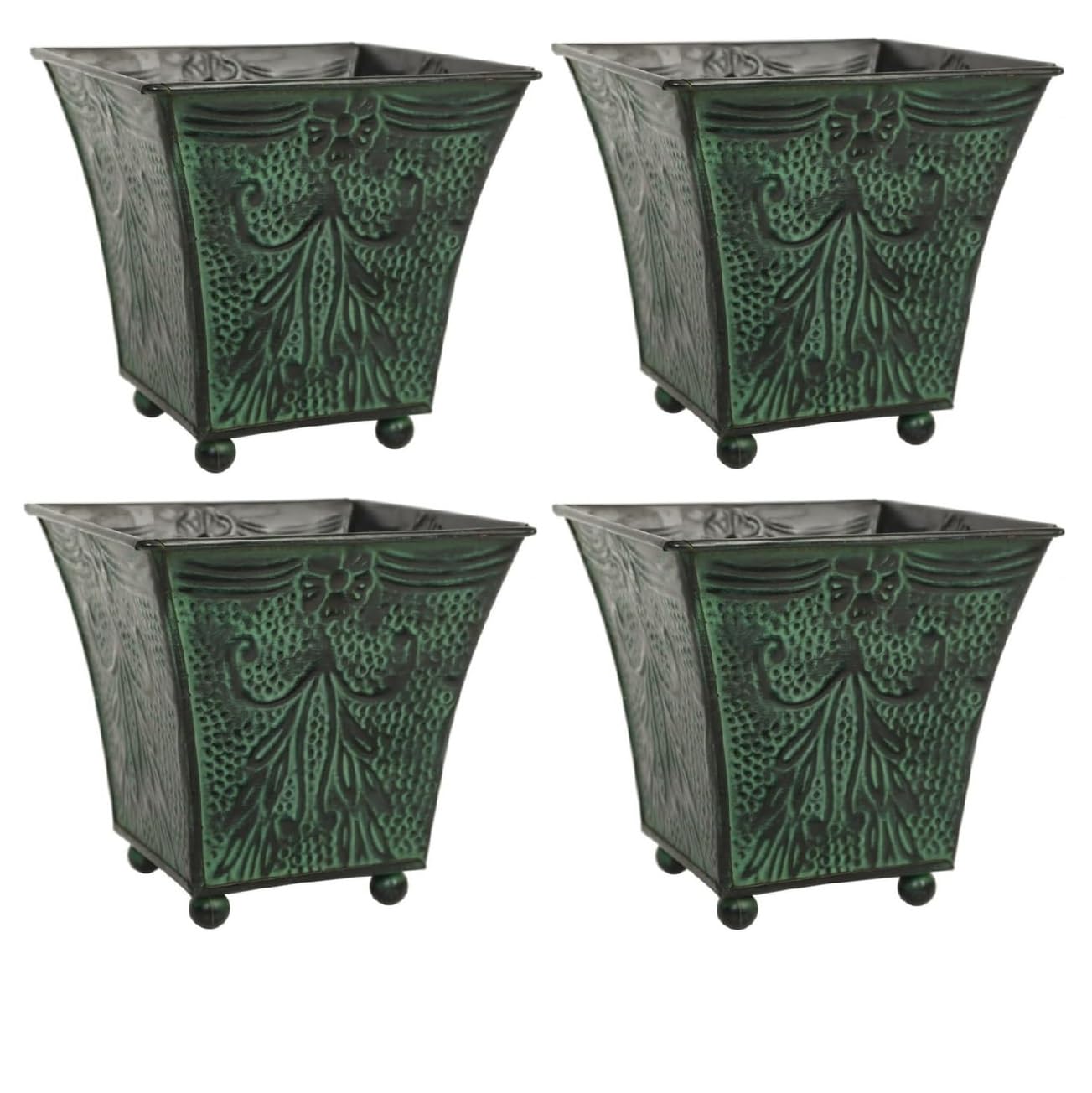 Hosley Set of 4 Green Patina Embossed Metal Planters with Ornate Floral Design, 5.25" L x 5.25" W x 5" H – Ideal for Floral Arrangements, Home Décor, Garden Accents, Rustic Weddings.