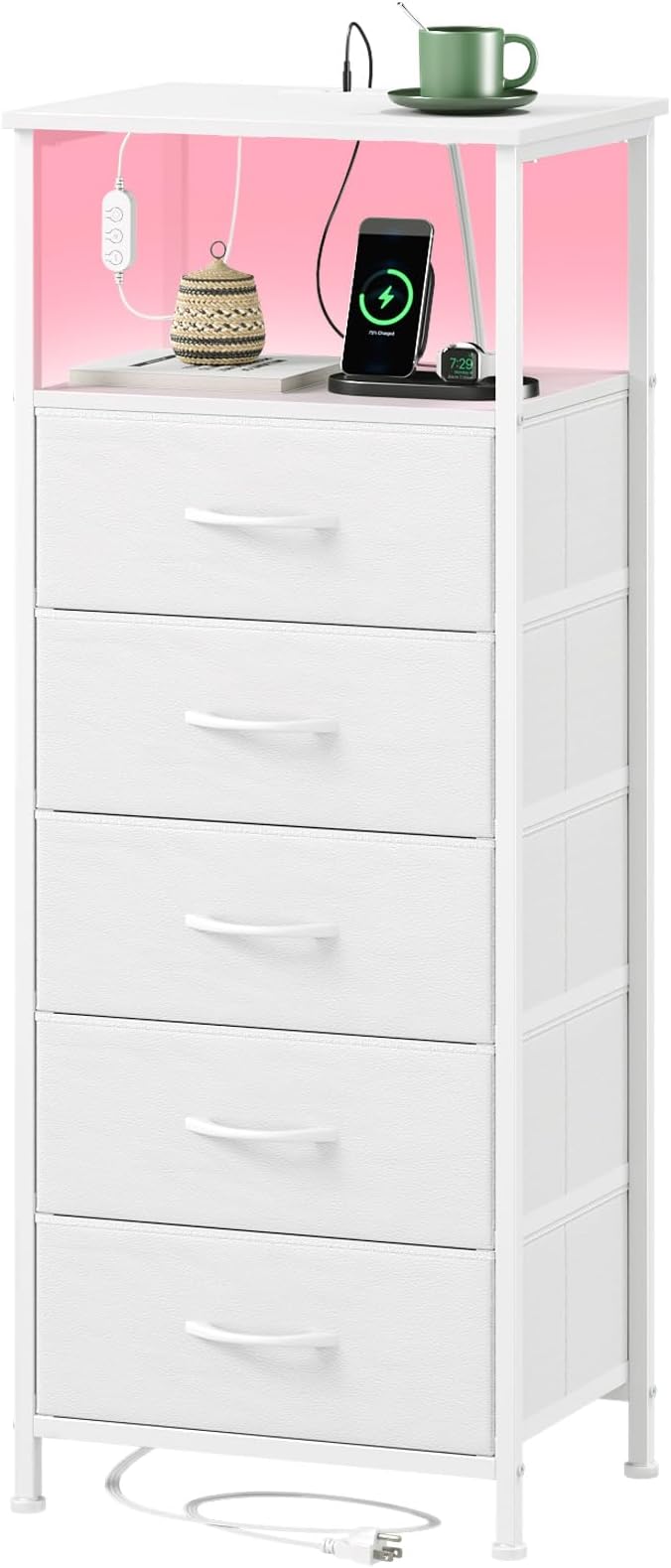 Somdot White Nightstand with Charging Station and LED Light