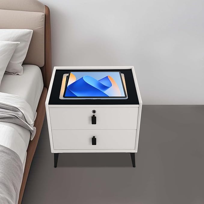 Smart Nightstand w/Fingerprint Lock Drawers, Smart Bedside Table w/USB Charging