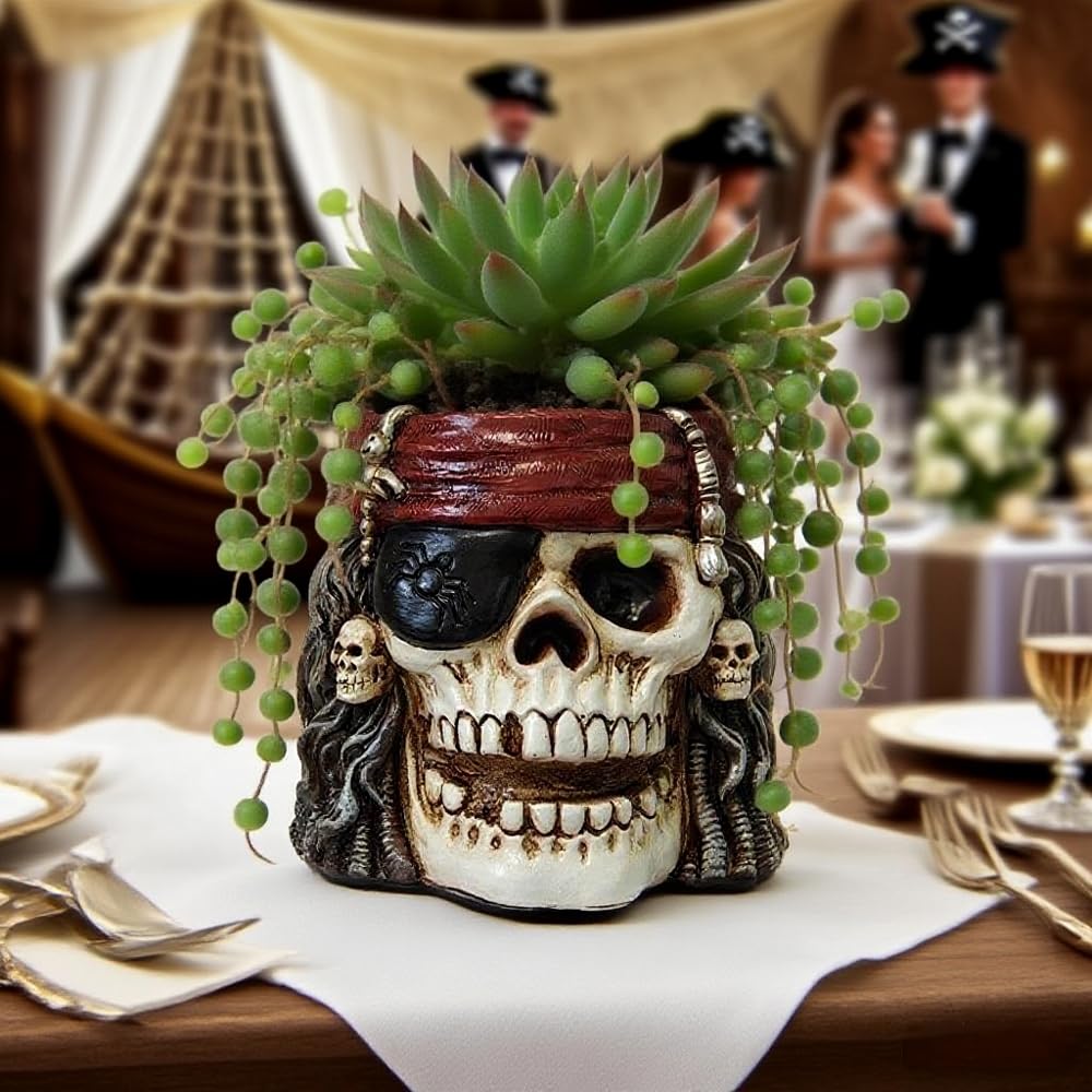 Skull Planter, Skulls Flower Pot, Skull Bowl, Skeleton Succulent Pots, Gothic Plant Pots with Drainage, Goth Statue Flower Pots, Indoor/Outdoor Pirate Figurine, Halloween Decoration, Funny Home Decor