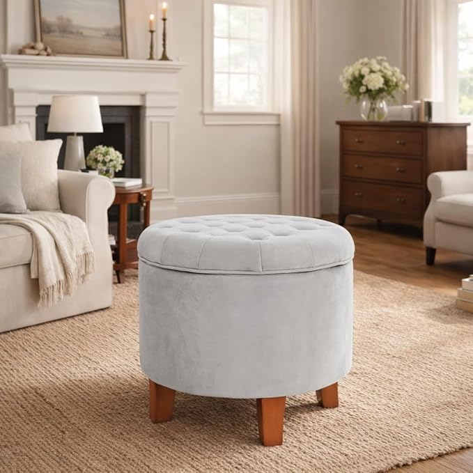 Homepop Home Decor | Upholstered Round Velvet Tufted Foot Rest Ottoman | Ottoman
