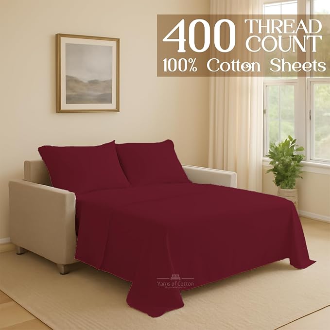 Sleeper Sofa Bed Sheet, 100% Cotton 400 Thread Count, 4 Piece Set, Deep Pocket