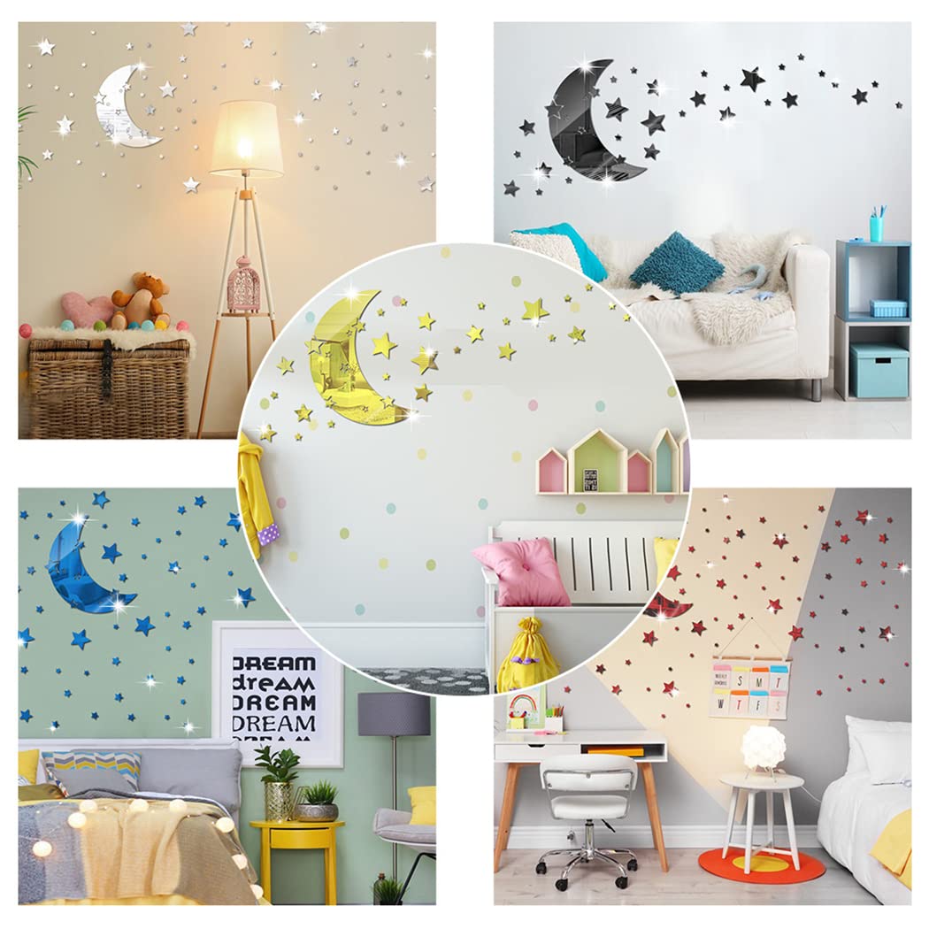 Moon Star Mirror Wall Stickers, 146 PCS Stars & Crescent Moon, 3D Art Decals for Baby Kid Bedroom & Living Room (Black)