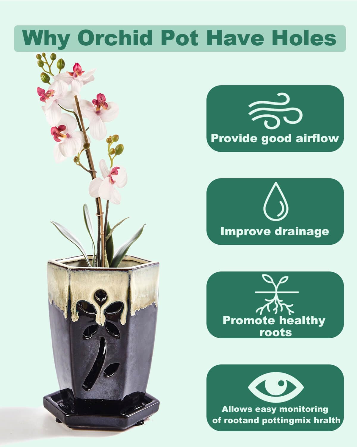vensovo 4 Inch Ceramic Orchid Pot with Holes and Saucer, 1 Pc Small Hexagon Succulent Planter for Repotting, Garden Flowerpot for Indoor Outdoor Plants, Promotes Air Circulation (Black Mixed)