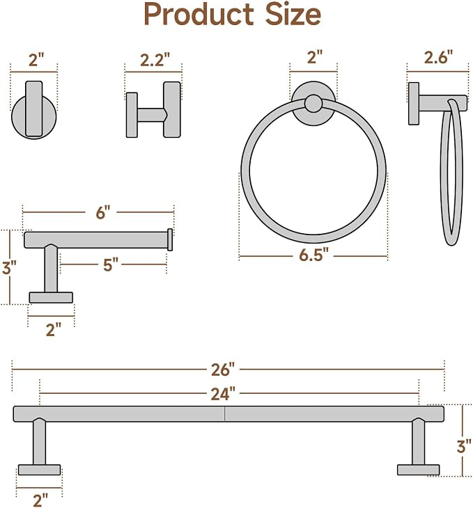 USHOWER Brushed Nickel Bathroom Hardware Set, Modern 24-Inch Towel Bar Set Wall Mounted, Durable SUS304 Stainless Steel Bathroom Accessories Set, 8-Piece