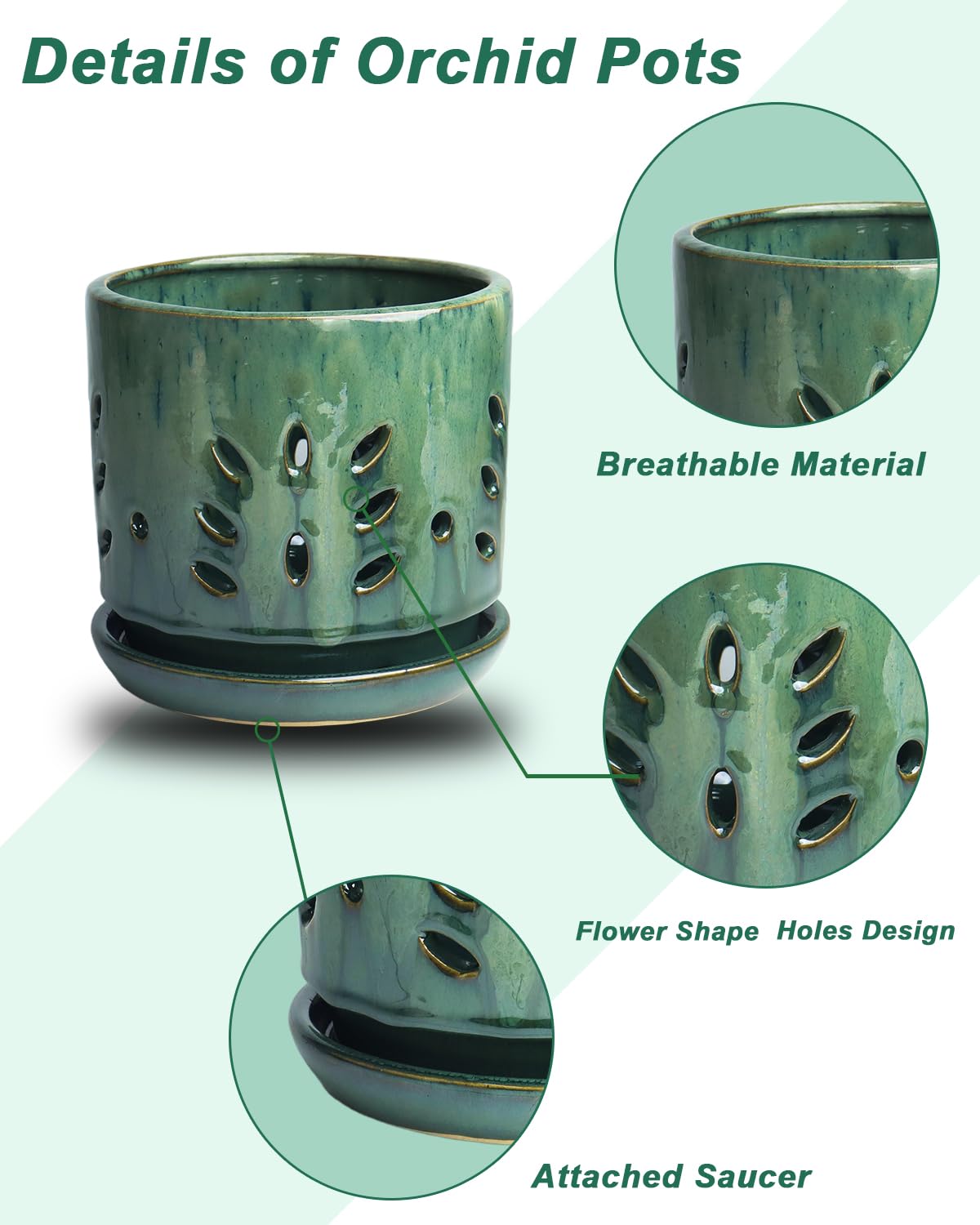 vensovo 6 Inch Ceramic Orchid Pots with Holes - Round Orchid Pots for Repotting, Garden Planter Indoor and Outdoor with Attached Saucer Supports Air Circulation(Green)